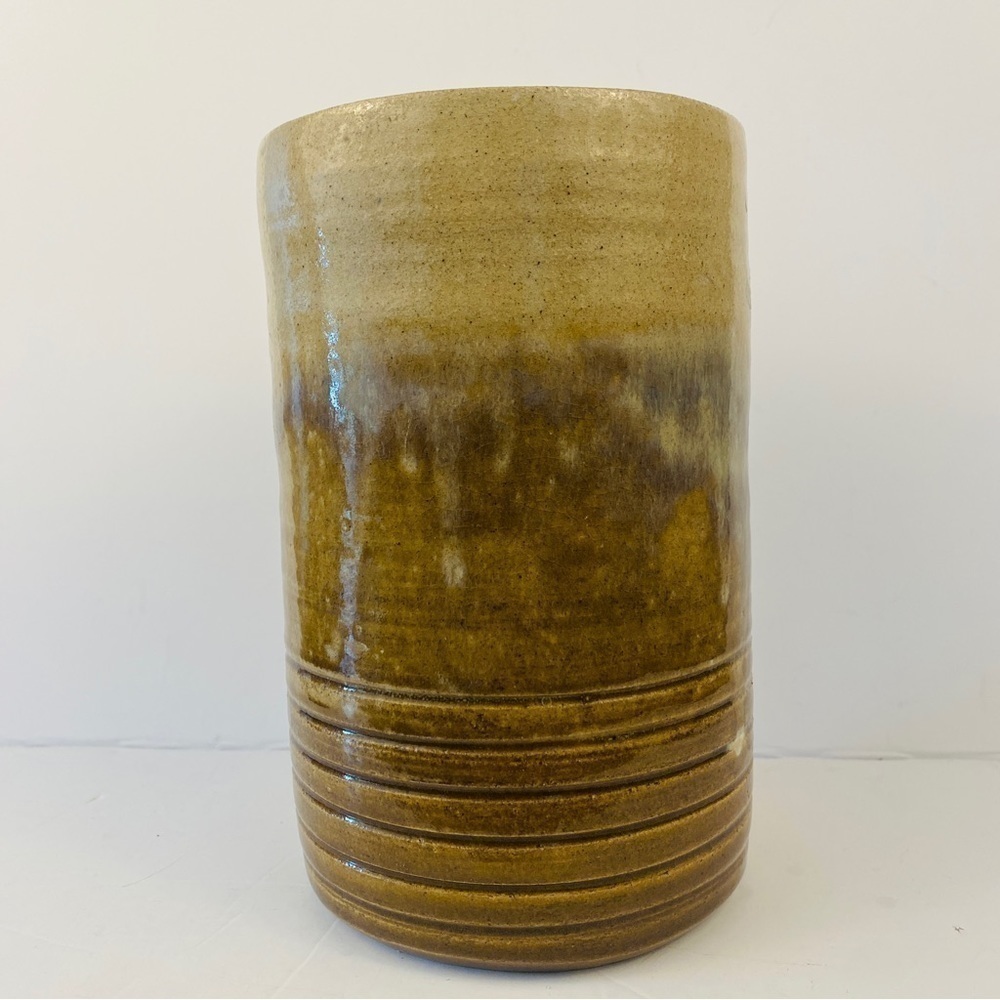 POTTERY vase yellow cream ochre large tall ribbed drip glazed